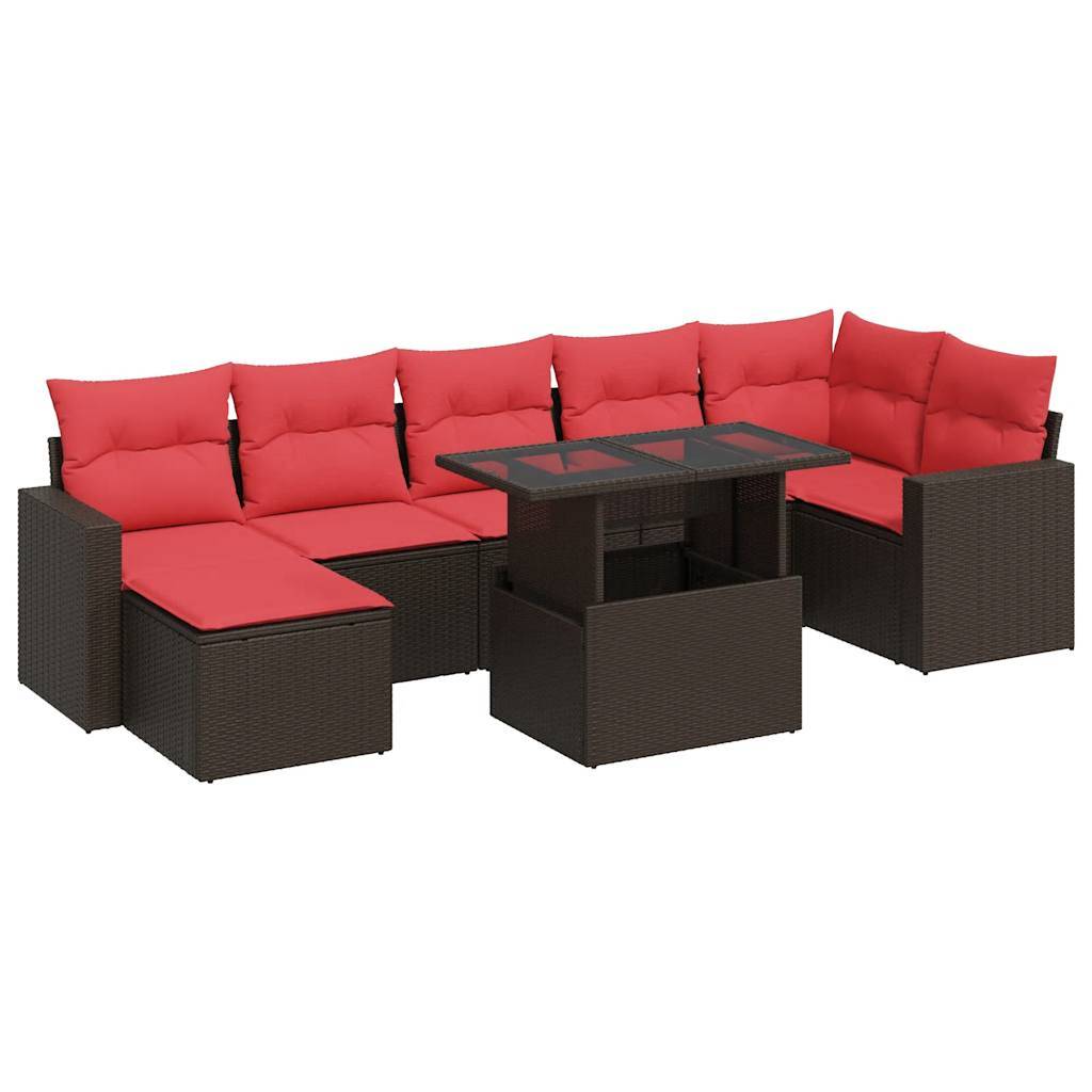 vidaXL 7-tlg. Garten-Sofagarnitur mit Kissen Braun Poly Rattan Akazie