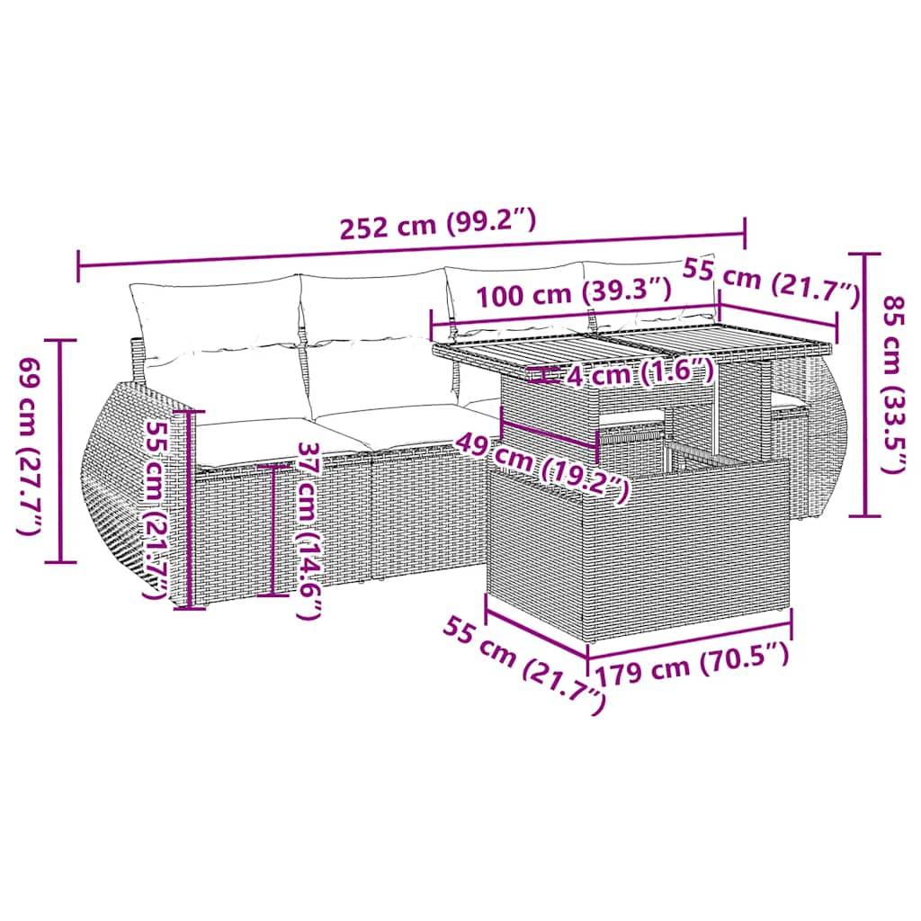 vidaXL 5-tlg. Garten-Sofagarnitur mit Kissen Grau Poly Rattan
