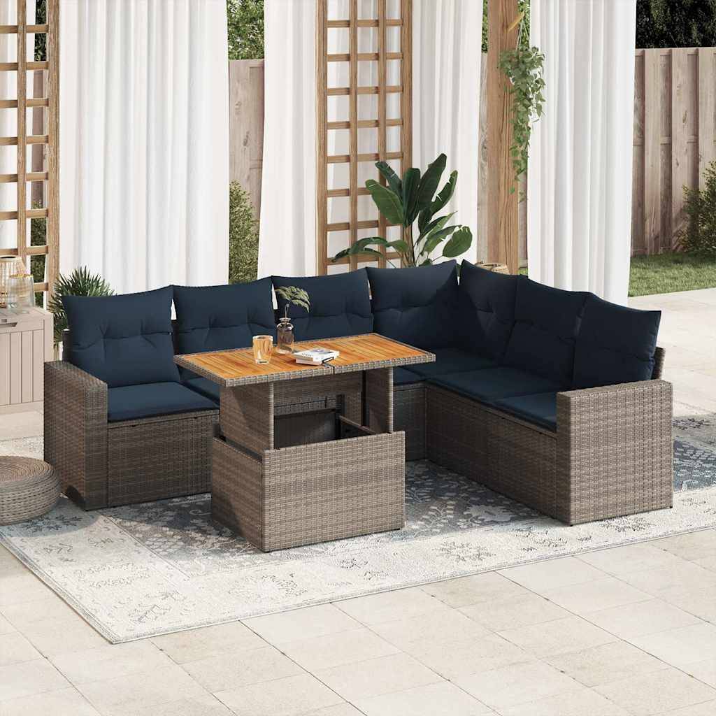 vidaXL 7-tlg. Garten-Sofagarnitur mit Kissen Grau Poly Rattan