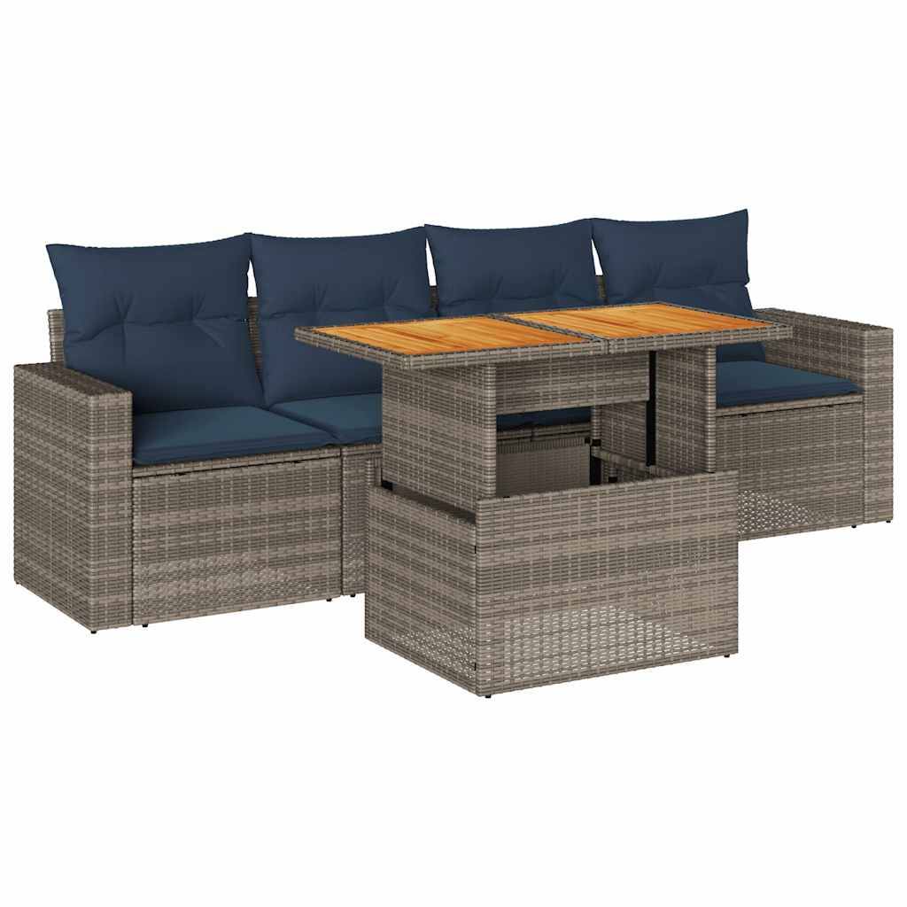 vidaXL 5-tlg. Garten-Sofagarnitur mit Kissen Grau Poly Rattan