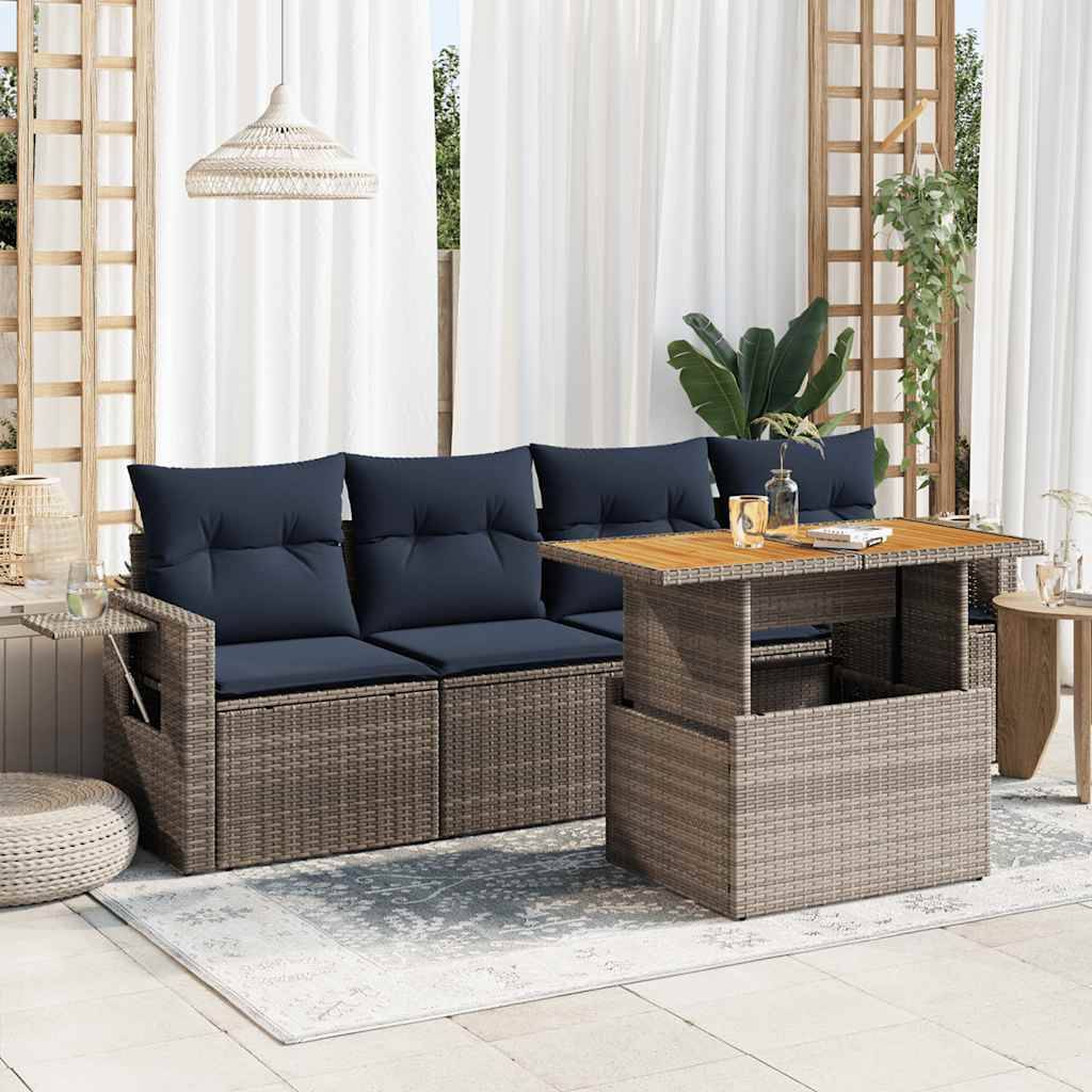 vidaXL 5-tlg. Garten-Sofagarnitur mit Kissen Grau Poly Rattan