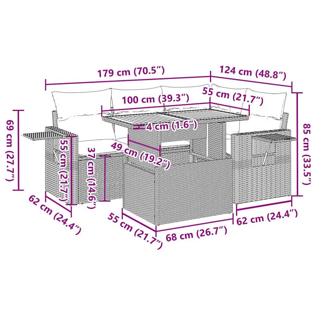 vidaXL 5-tlg. Garten-Sofagarnitur mit Kissen Grau Poly Rattan