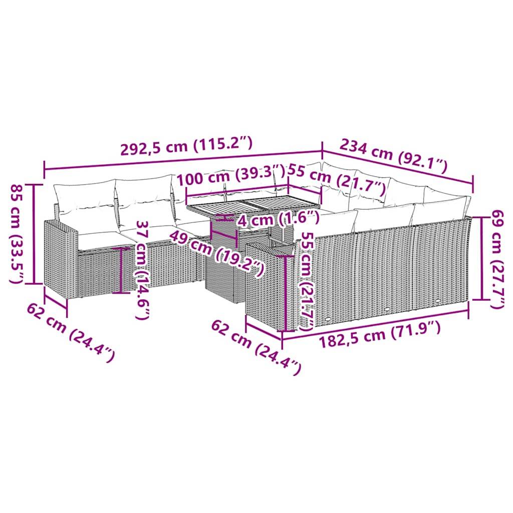 vidaXL 11-tlg. Garten-Sofagarnitur mit Kissen Grau Poly Rattan