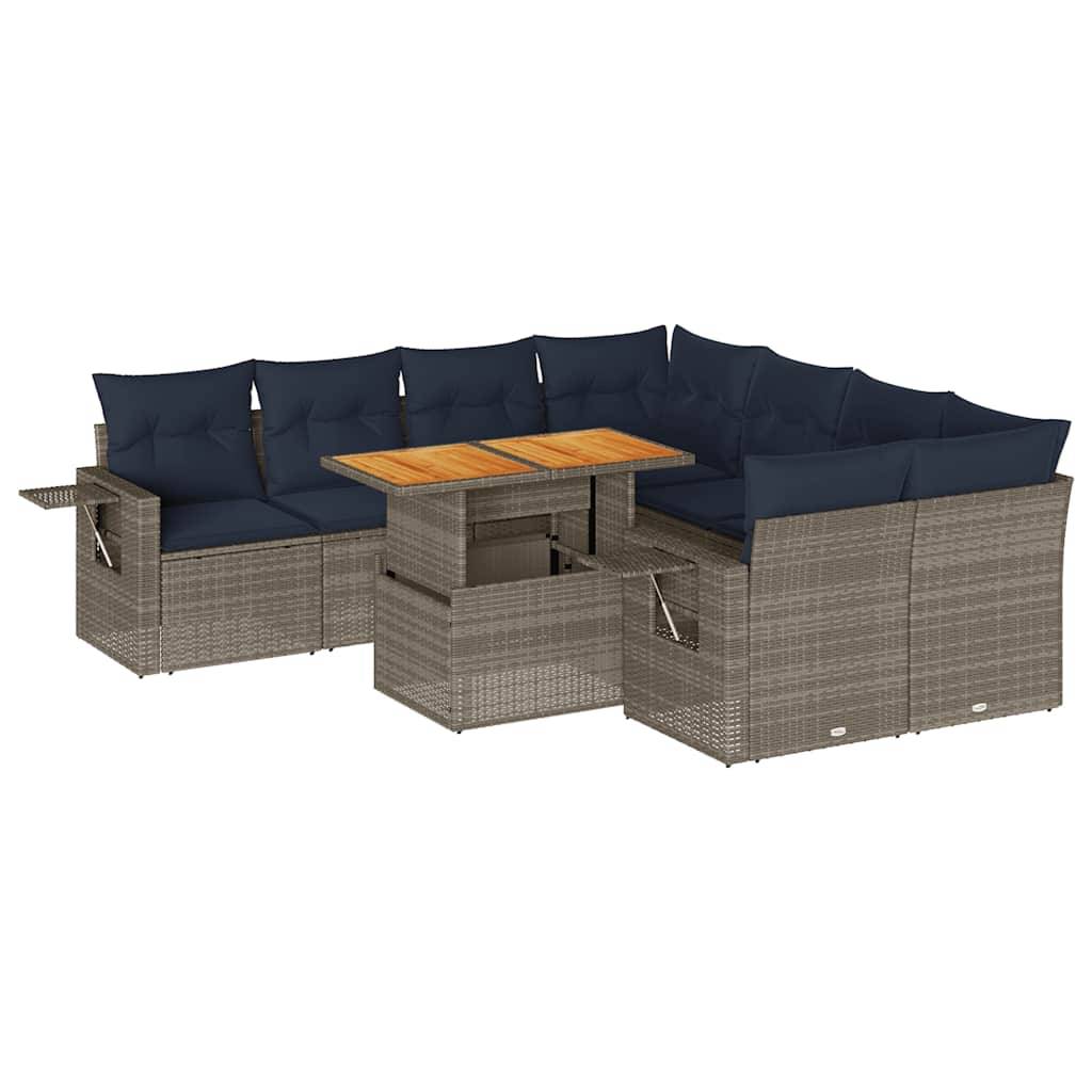 vidaXL 9-tlg. Garten-Sofagarnitur mit Kissen Grau Poly Rattan