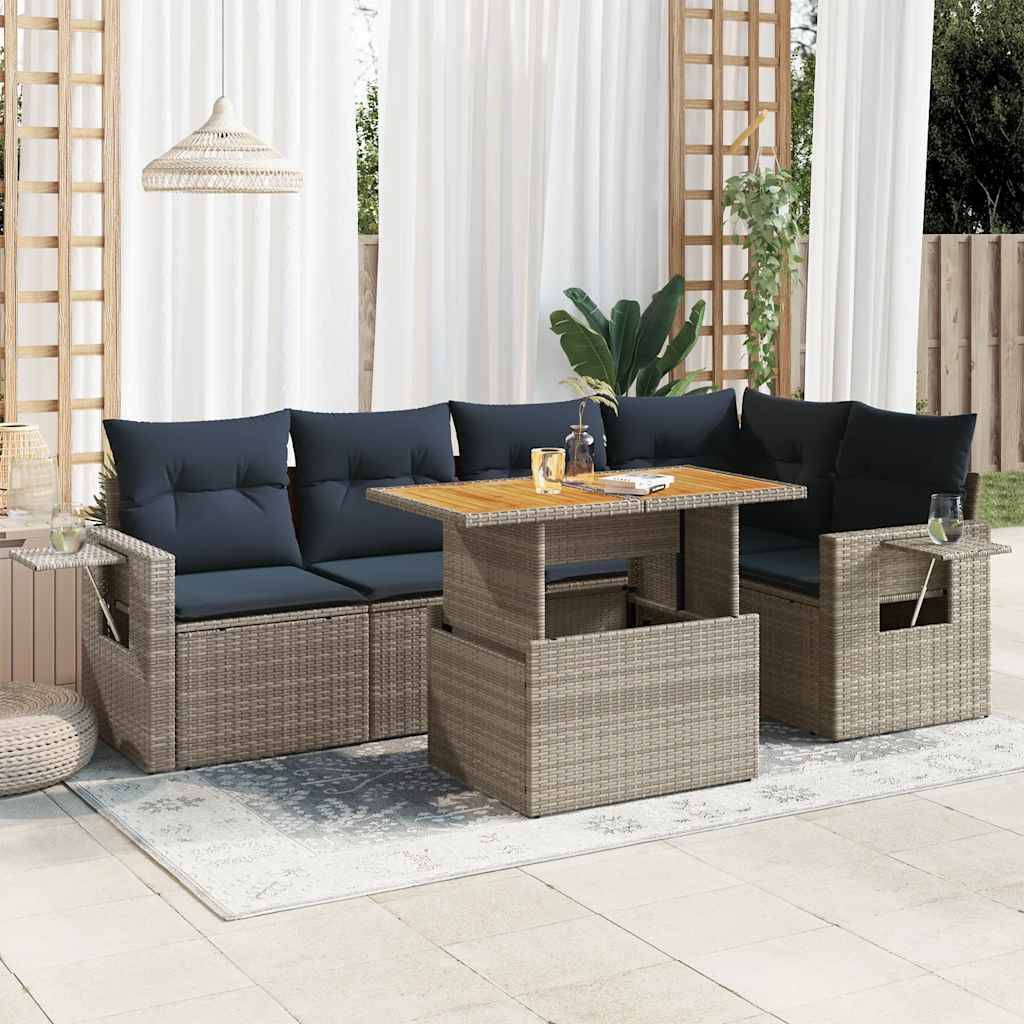 vidaXL 6-tlg. Garten-Sofagarnitur mit Kissen Grau Poly Rattan