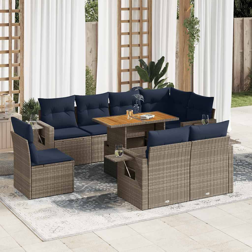 vidaXL 9-tlg. Garten-Sofagarnitur mit Kissen Grau Poly Rattan