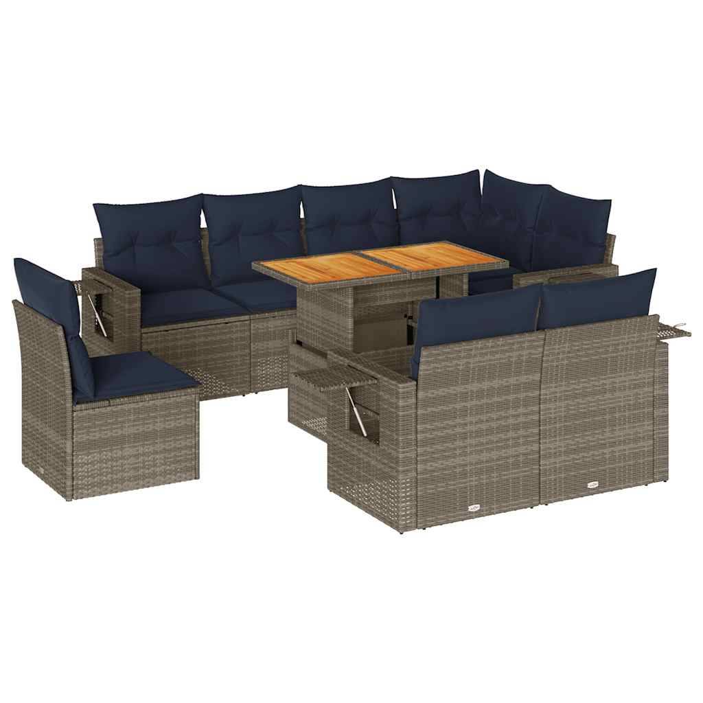 vidaXL 9-tlg. Garten-Sofagarnitur mit Kissen Grau Poly Rattan