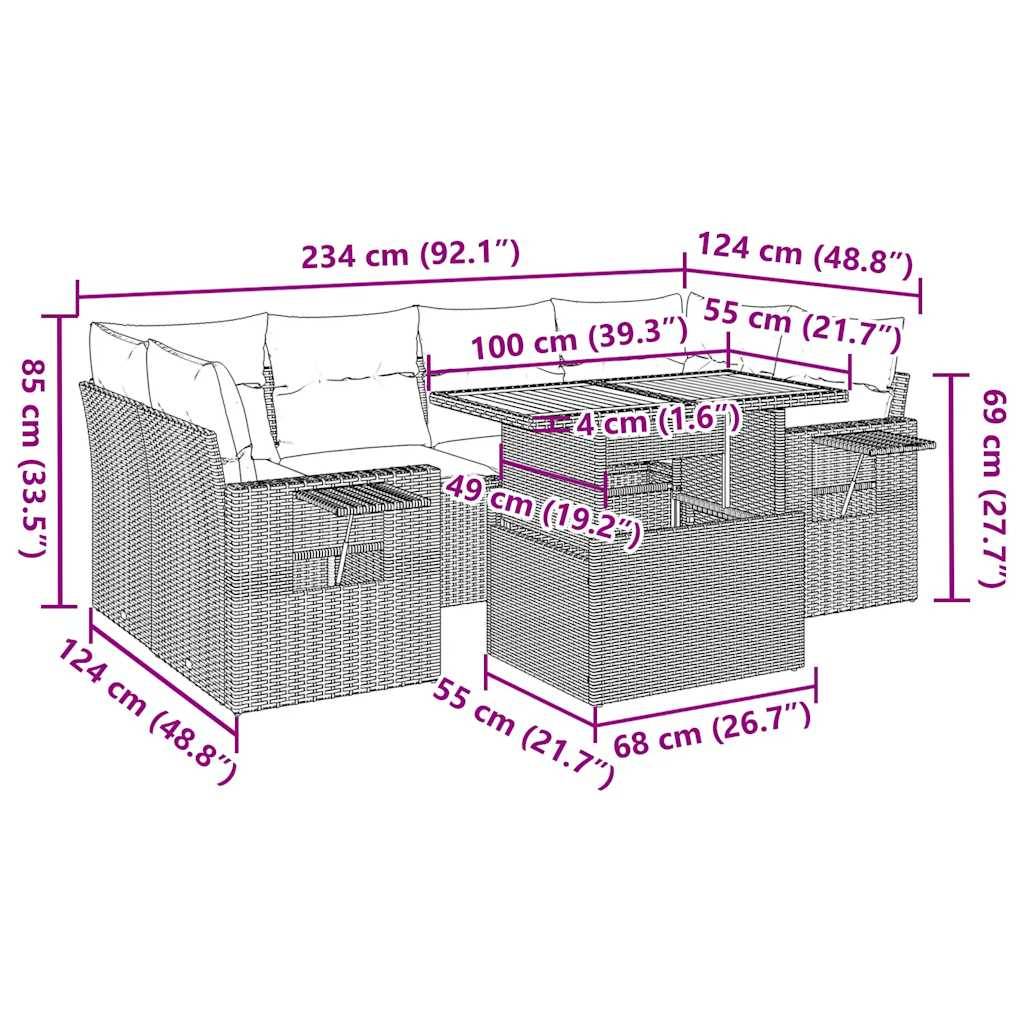 vidaXL 7-tlg. Garten-Sofagarnitur mit Kissen Grau Poly Rattan