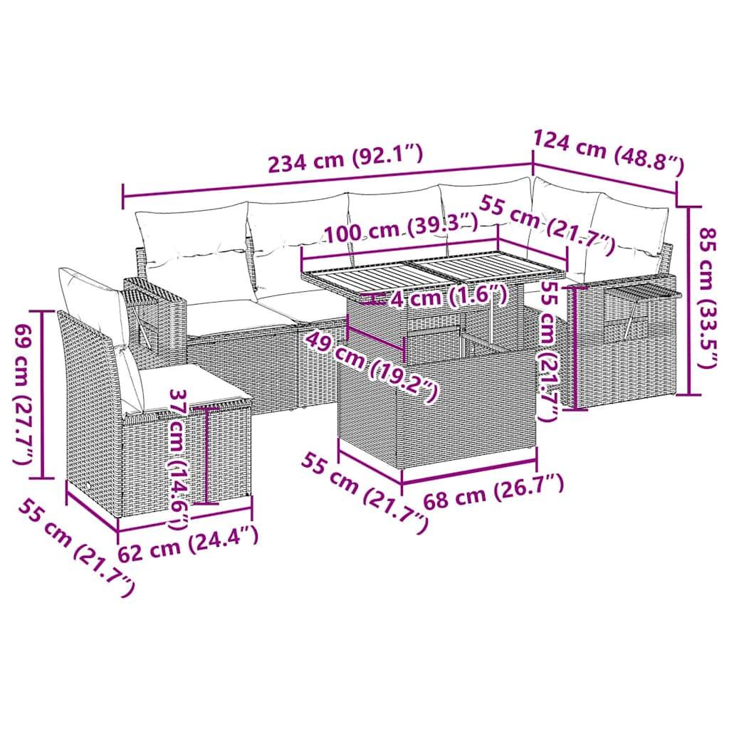 vidaXL 7-tlg. Garten-Sofagarnitur mit Kissen Grau Poly Rattan
