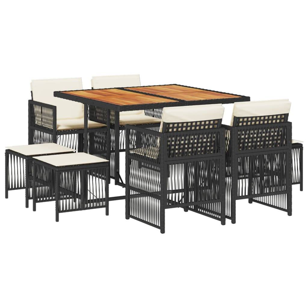 vidaXL 9-tlg. Garten-Essgruppe mit Kissen Schwarz Poly Rattan