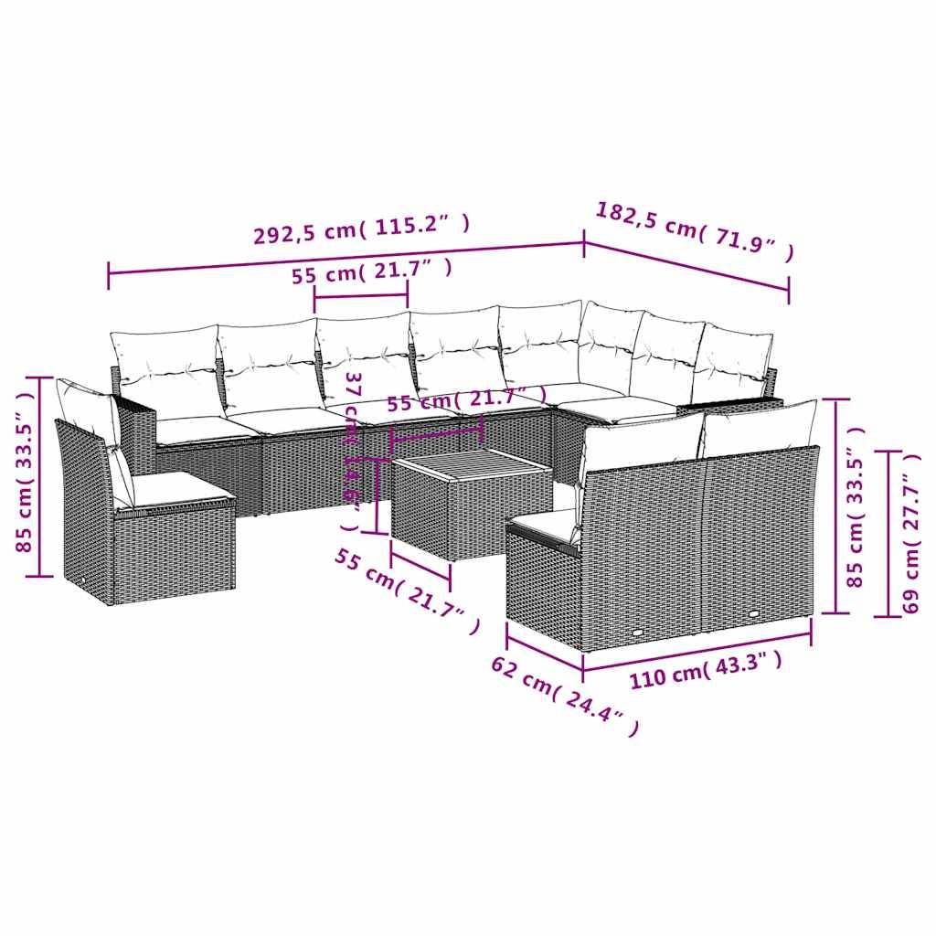 vidaXL 11-tlg. Garten-Sofagarnitur mit Kissen Grau Poly Rattan