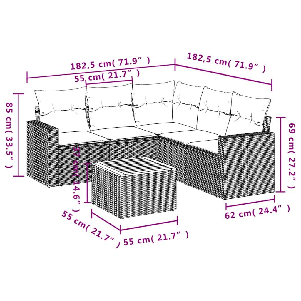 vidaXL 6-tlg. Garten-Sofagarnitur mit Kissen Grau Poly Rattan