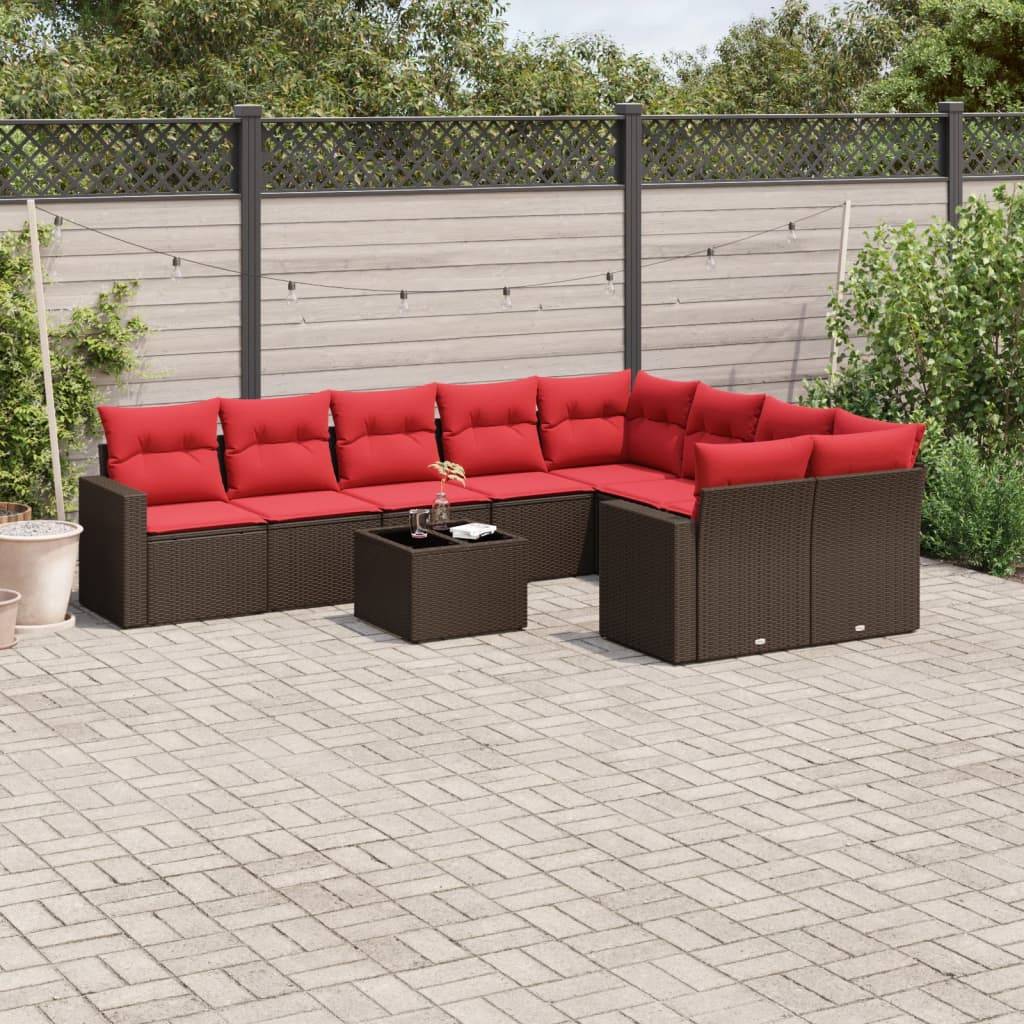 vidaXL 10-tlg. Garten-Sofagarnitur mit Kissen Braun Poly Rattan