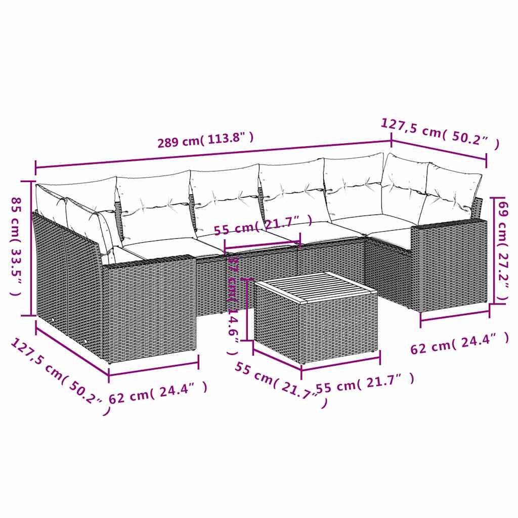 vidaXL 8-tlg. Garten-Sofagarnitur mit Kissen Grau Poly Rattan