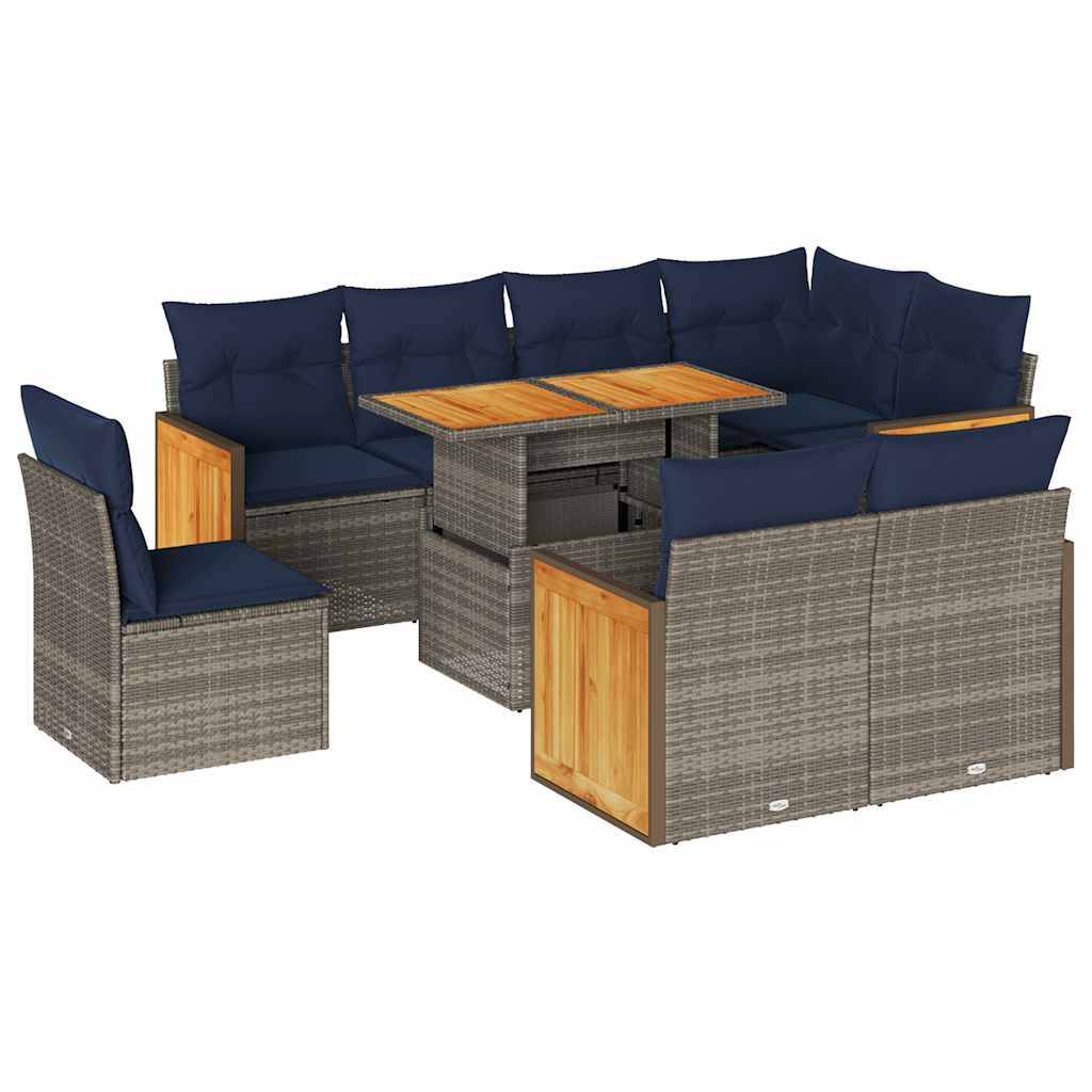 vidaXL 9-tlg. Garten-Sofagarnitur mit Kissen Grau Poly Rattan Akazie