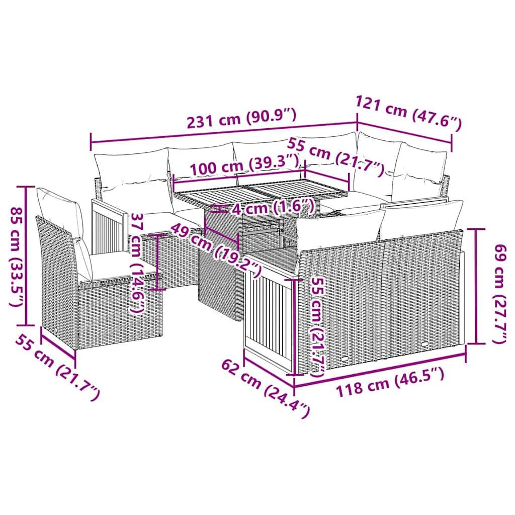vidaXL 9-tlg. Garten-Sofagarnitur mit Kissen Grau Poly Rattan Akazie