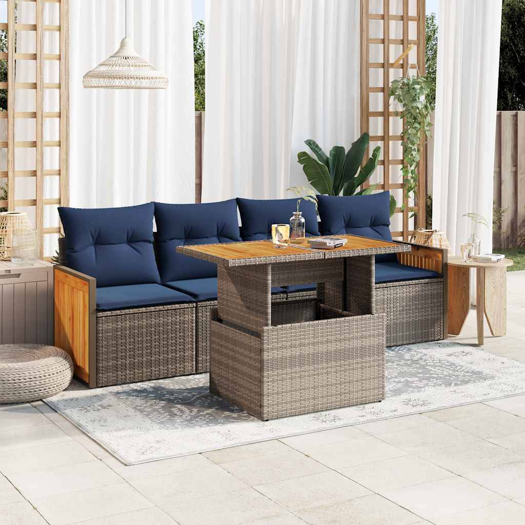 vidaXL 5-tlg. Garten-Sofagarnitur mit Kissen Grau Poly Rattan Akazie