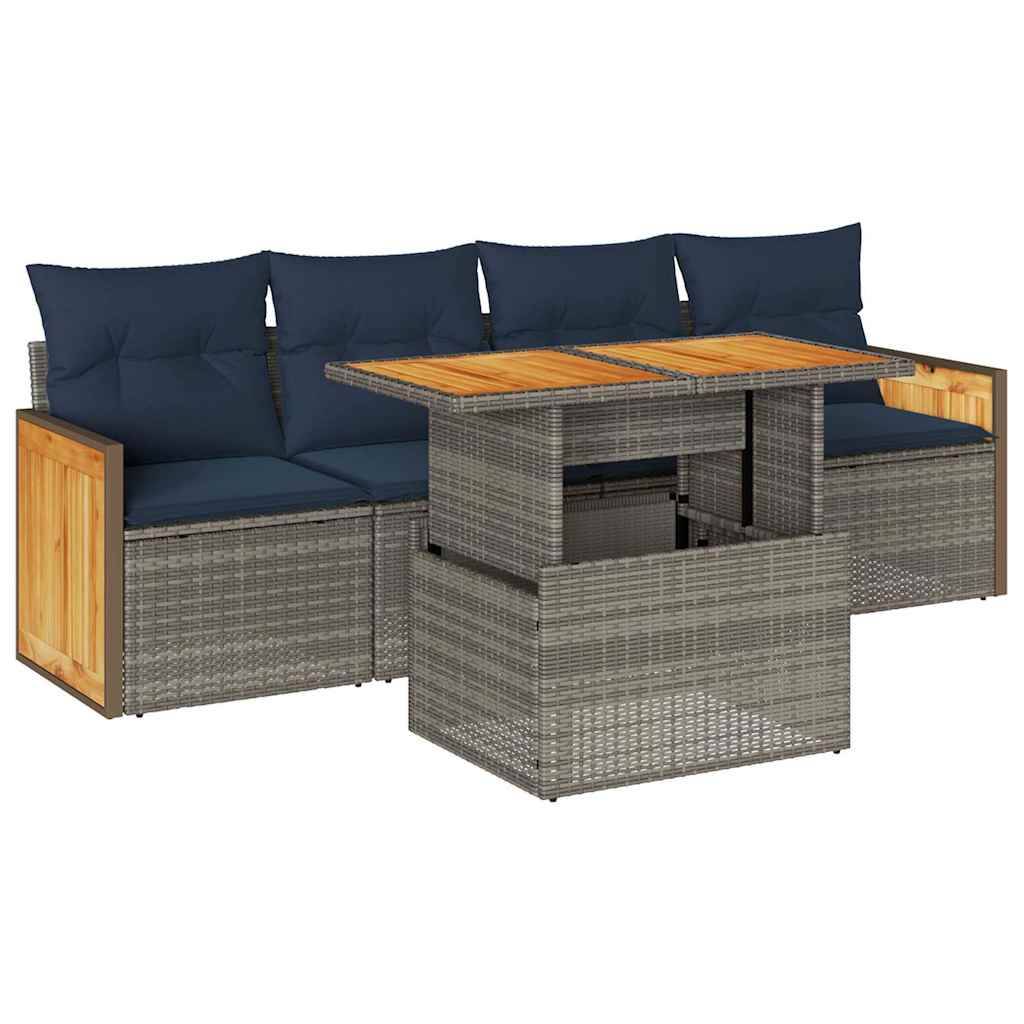 vidaXL 5-tlg. Garten-Sofagarnitur mit Kissen Grau Poly Rattan Akazie