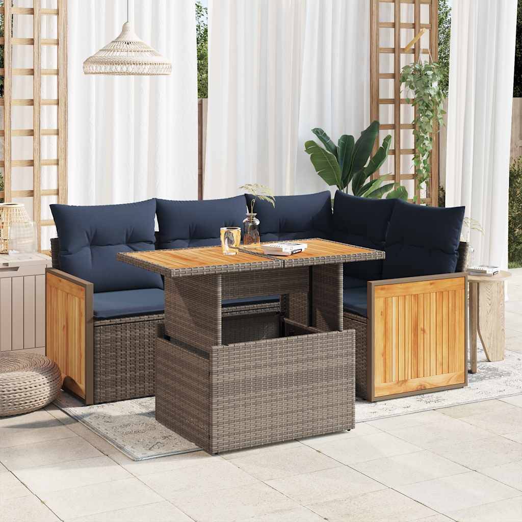 vidaXL 5-tlg. Garten-Sofagarnitur mit Kissen Grau Poly Rattan Akazie