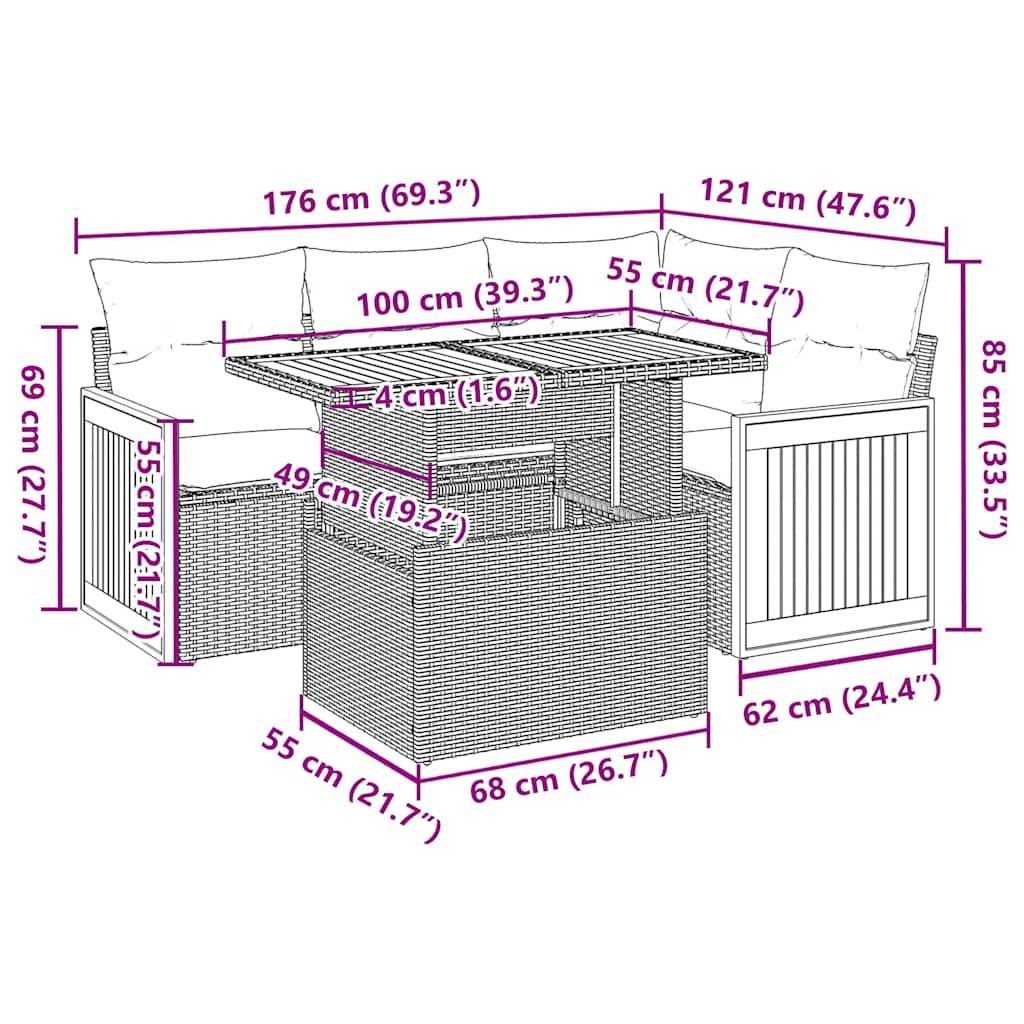 vidaXL 5-tlg. Garten-Sofagarnitur mit Kissen Grau Poly Rattan Akazie