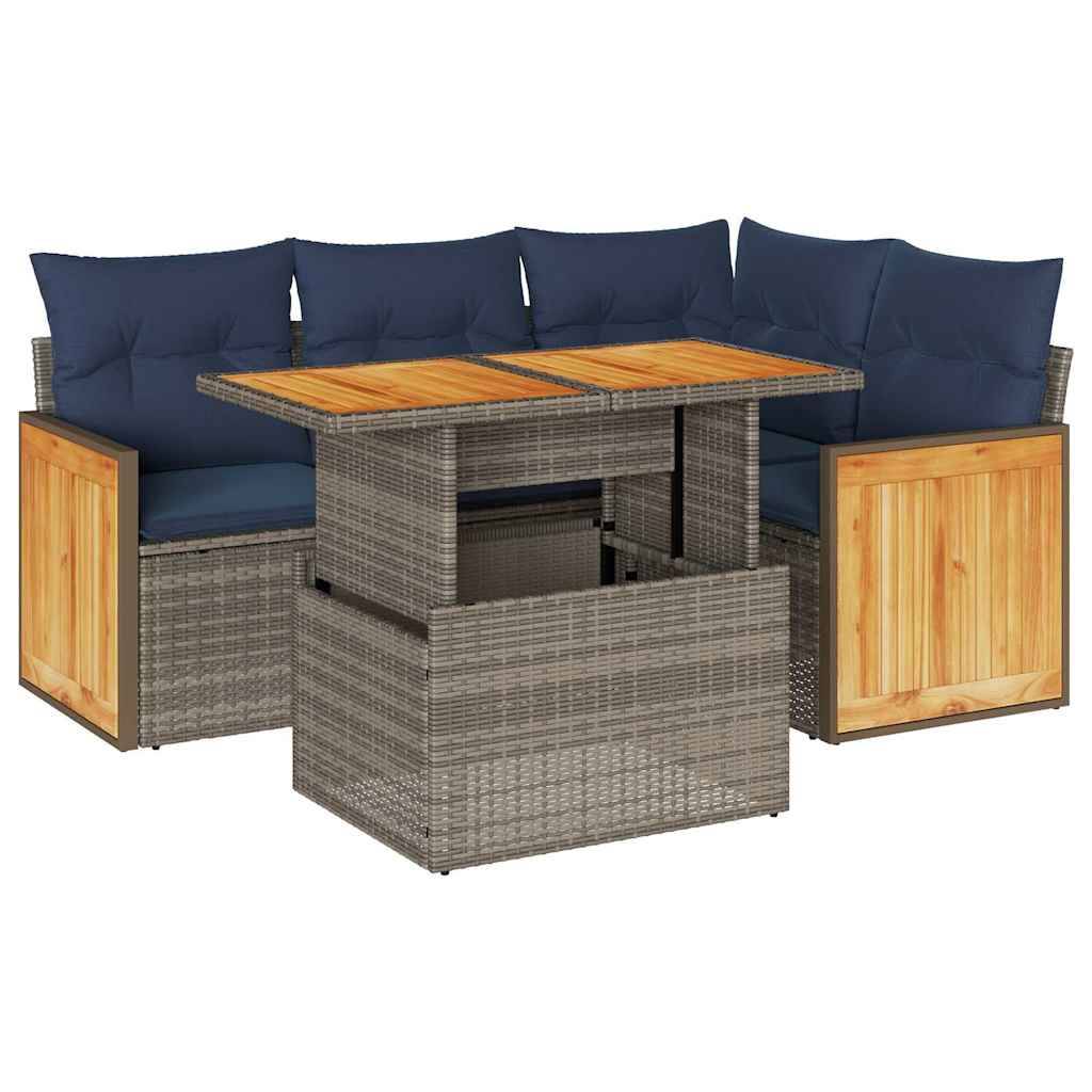 vidaXL 5-tlg. Garten-Sofagarnitur mit Kissen Grau Poly Rattan Akazie
