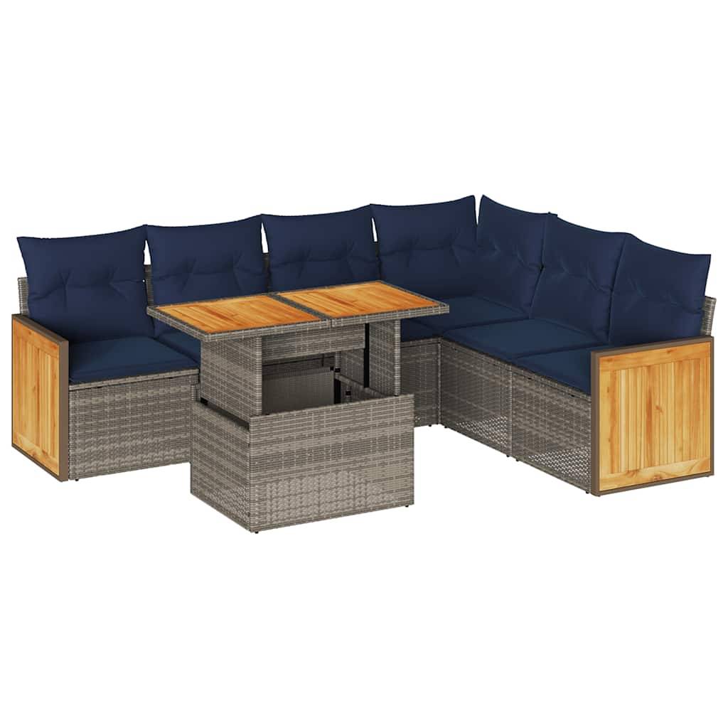 vidaXL 7-tlg. Garten-Sofagarnitur mit Kissen Grau Poly Rattan Akazie