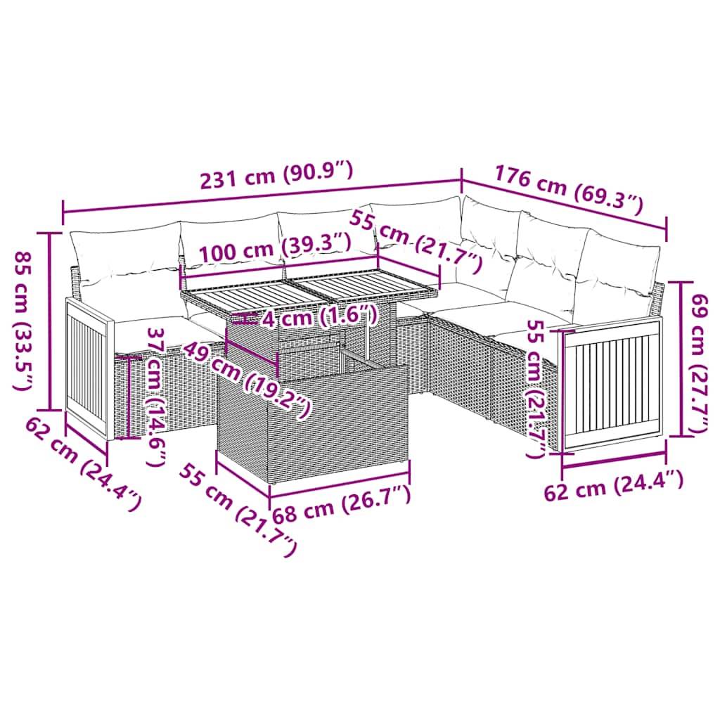 vidaXL 7-tlg. Garten-Sofagarnitur mit Kissen Grau Poly Rattan Akazie