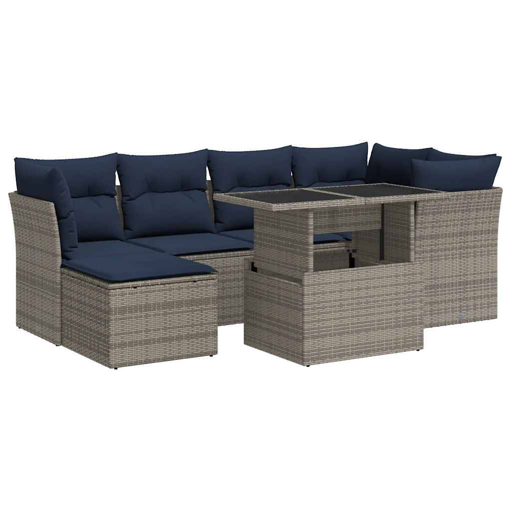vidaXL 7-tlg. Garten-Sofagarnitur mit Kissen Grau Poly Rattan Akazie