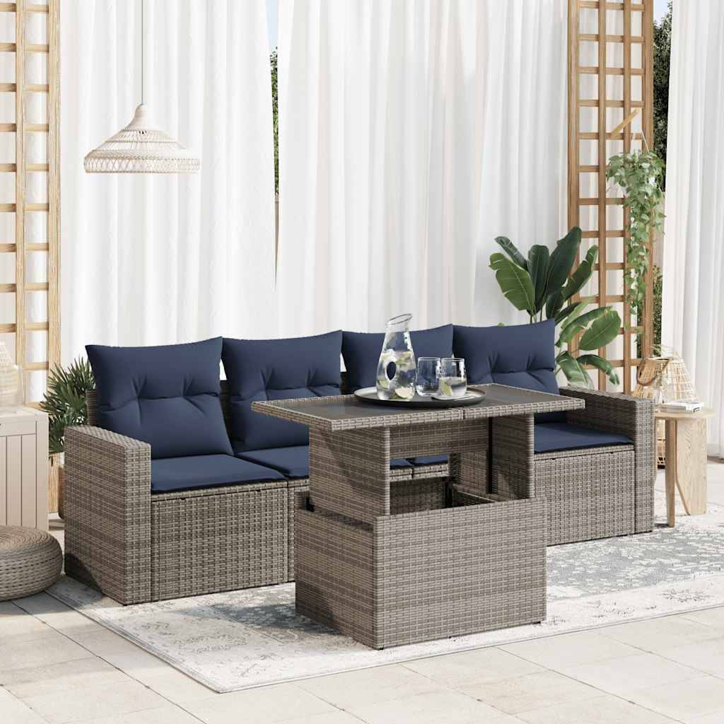 vidaXL 5-tlg. Garten-Sofagarnitur mit Kissen Grau Poly Rattan Akazie