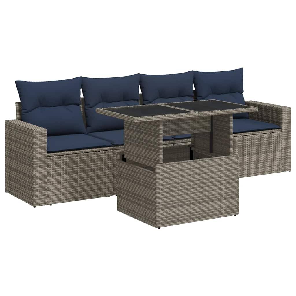 vidaXL 5-tlg. Garten-Sofagarnitur mit Kissen Grau Poly Rattan Akazie