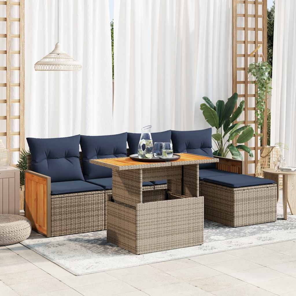 vidaXL 6-tlg. Garten-Sofagarnitur mit Kissen Grau Poly Rattan Akazie