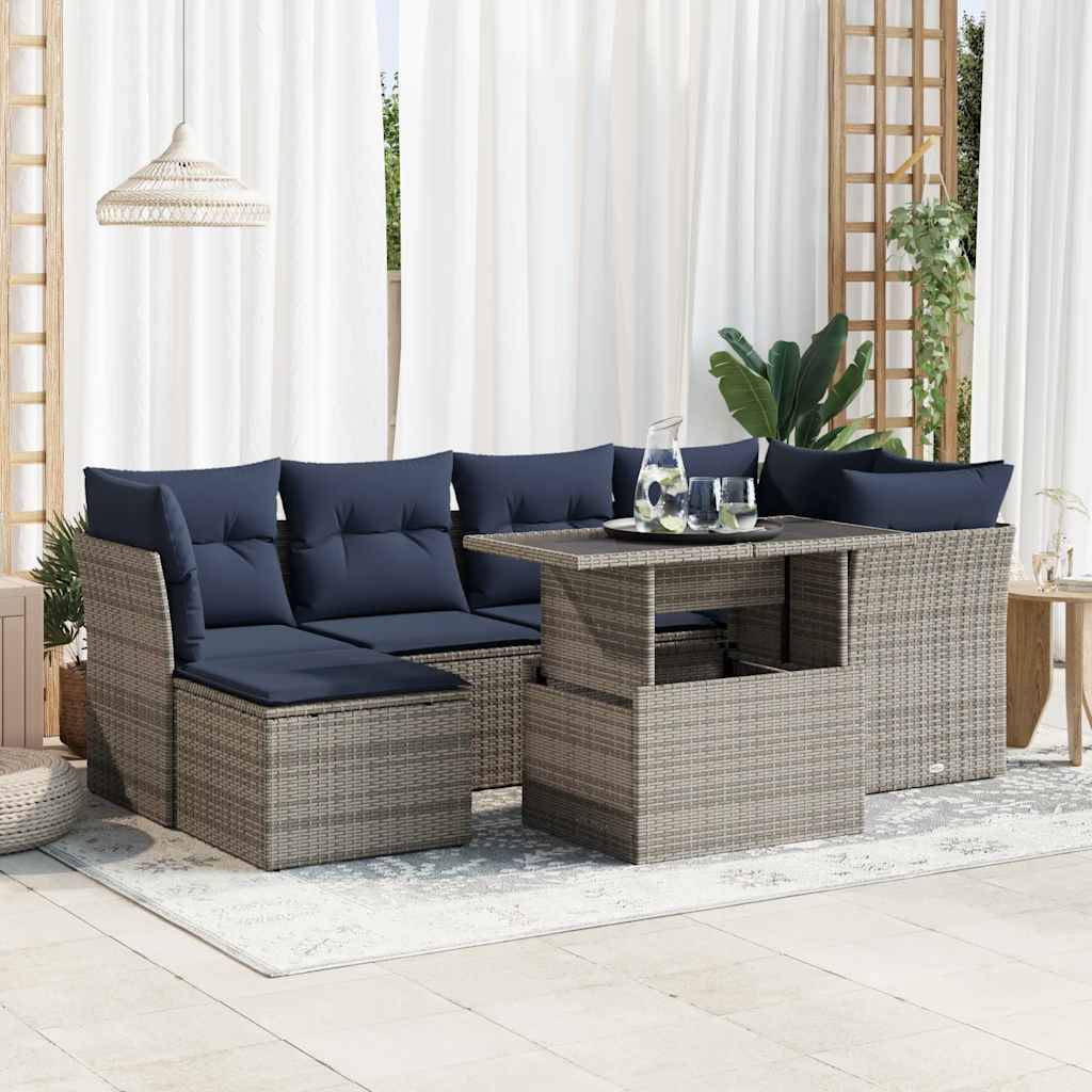 vidaXL 7-tlg. Garten-Sofagarnitur mit Kissen Grau Poly Rattan Akazie