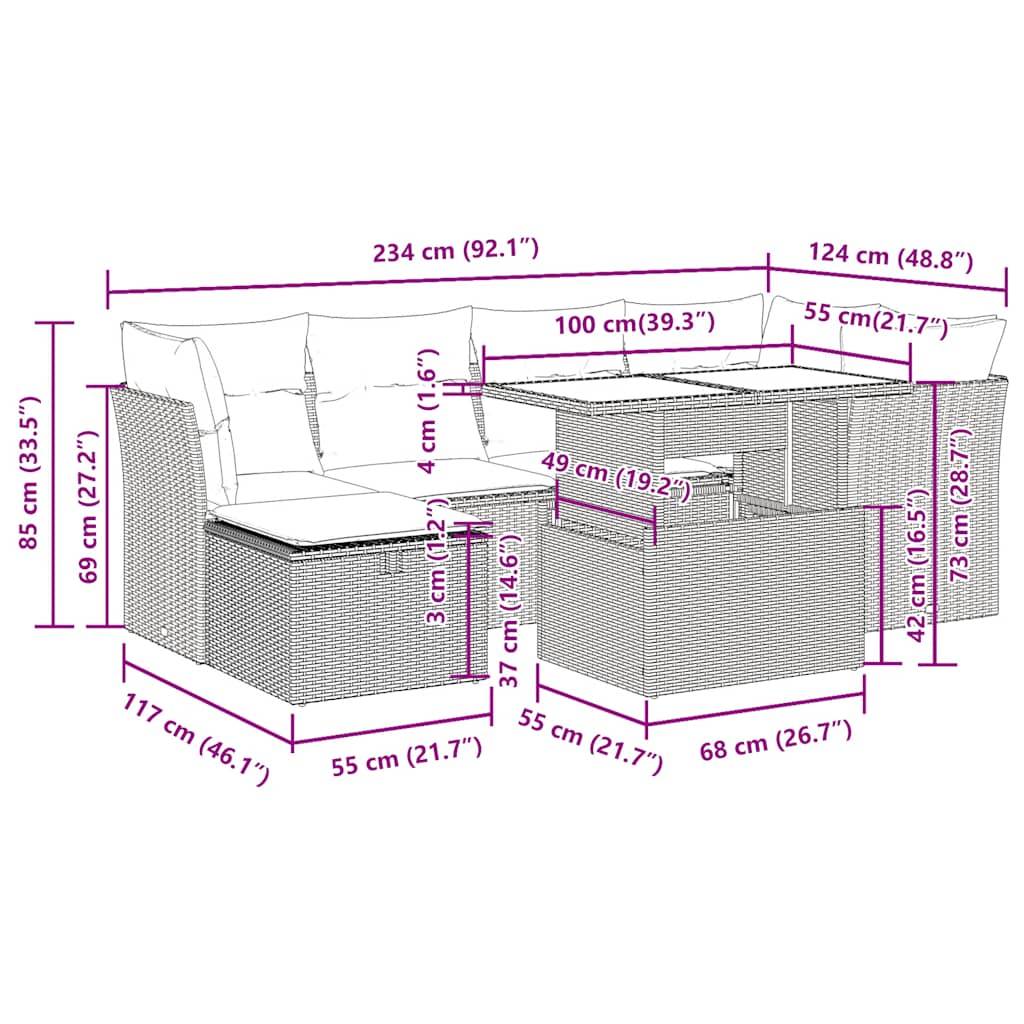 vidaXL 7-tlg. Garten-Sofagarnitur mit Kissen Grau Poly Rattan Akazie