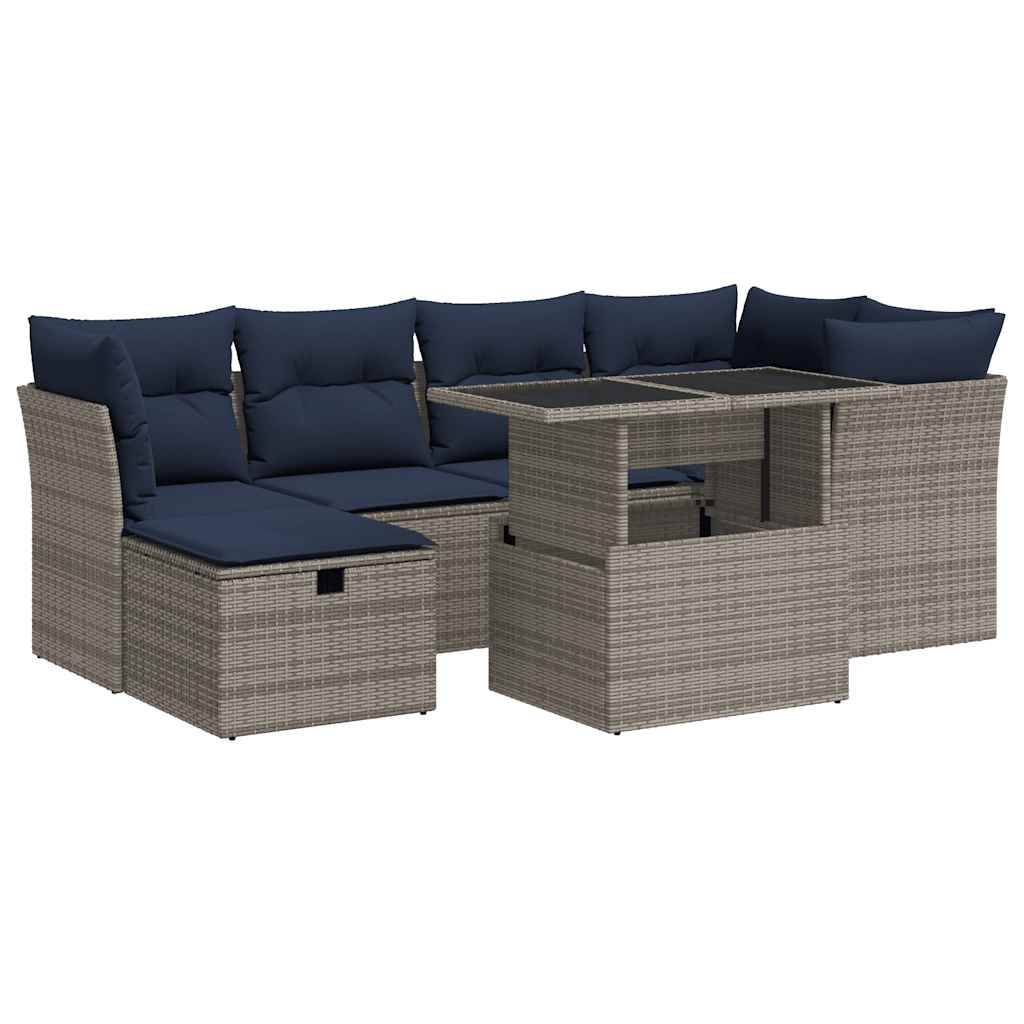 vidaXL 7-tlg. Garten-Sofagarnitur mit Kissen Grau Poly Rattan Akazie