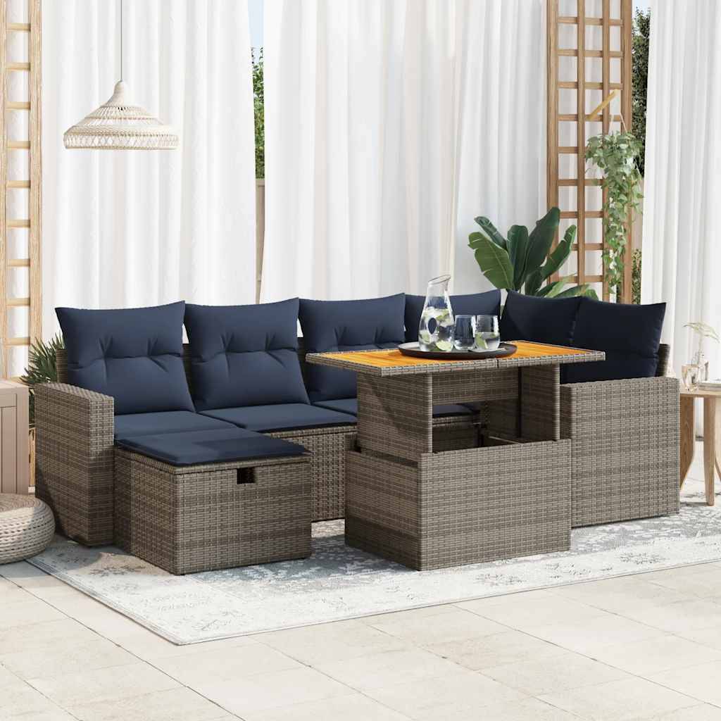 vidaXL 7-tlg. Garten-Sofagarnitur mit Kissen Schwarz Poly Rattan