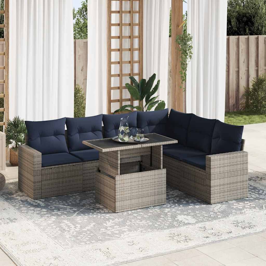 vidaXL 7-tlg. Garten-Sofagarnitur mit Kissen Schwarz Poly Rattan