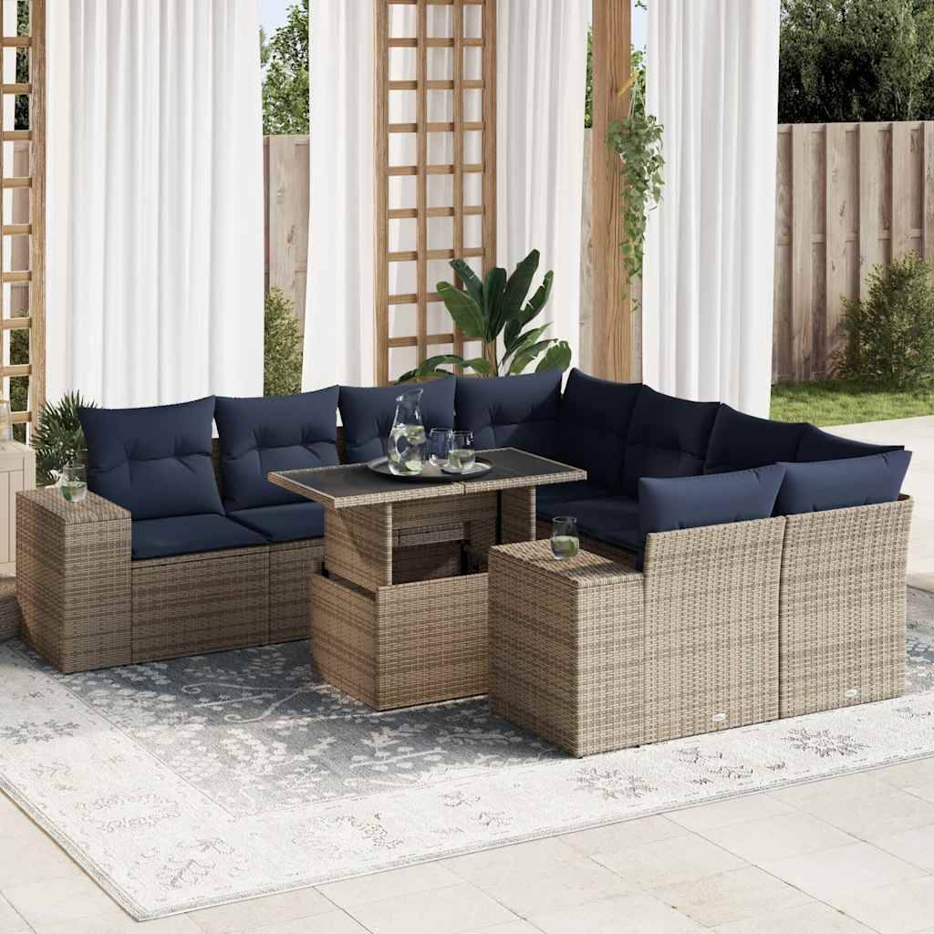 vidaXL 9-tlg. Garten-Sofagarnitur mit Kissen Grau Poly Rattan Akazie