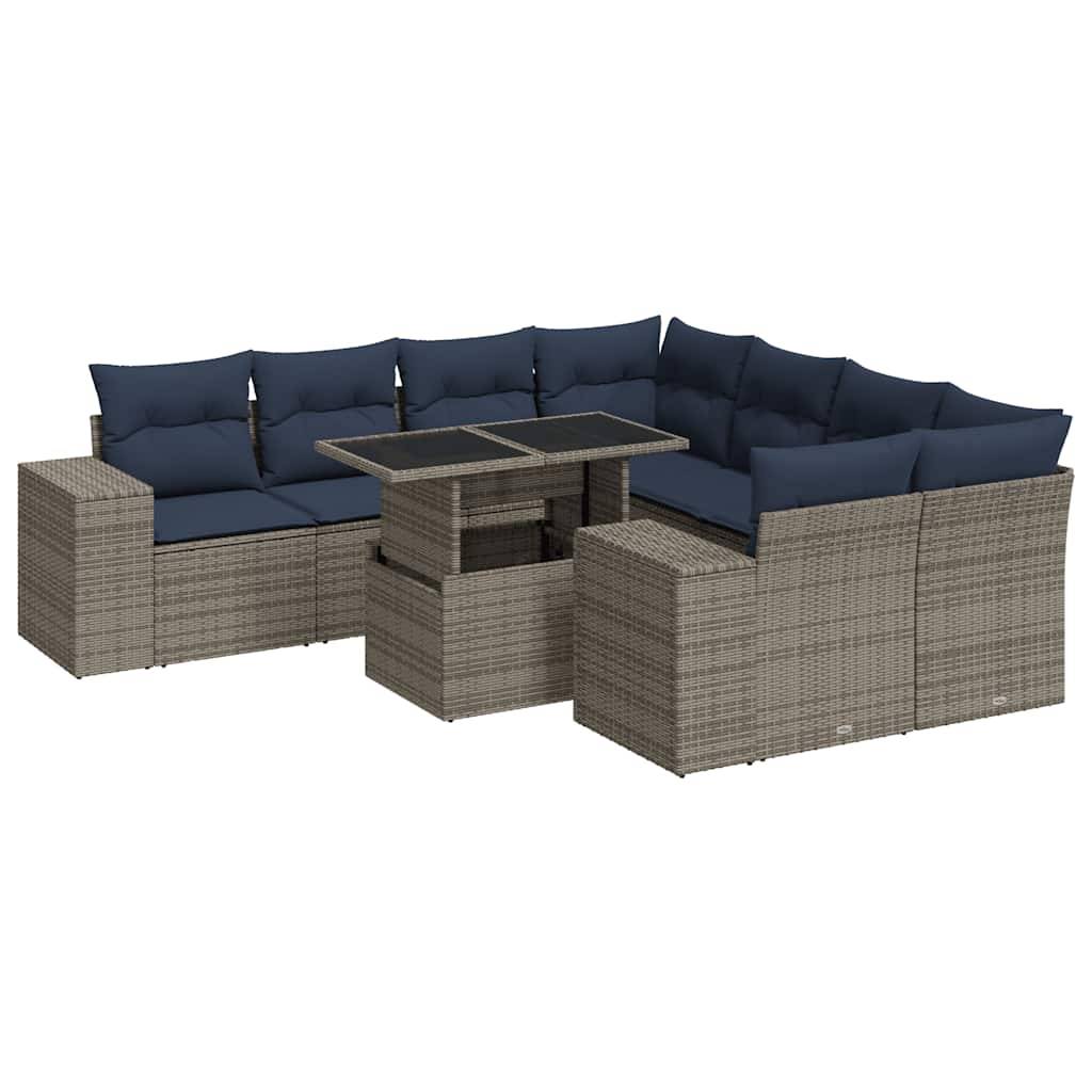 vidaXL 9-tlg. Garten-Sofagarnitur mit Kissen Grau Poly Rattan Akazie