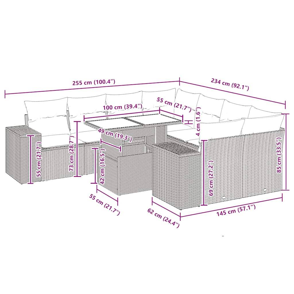vidaXL 9-tlg. Garten-Sofagarnitur mit Kissen Grau Poly Rattan Akazie