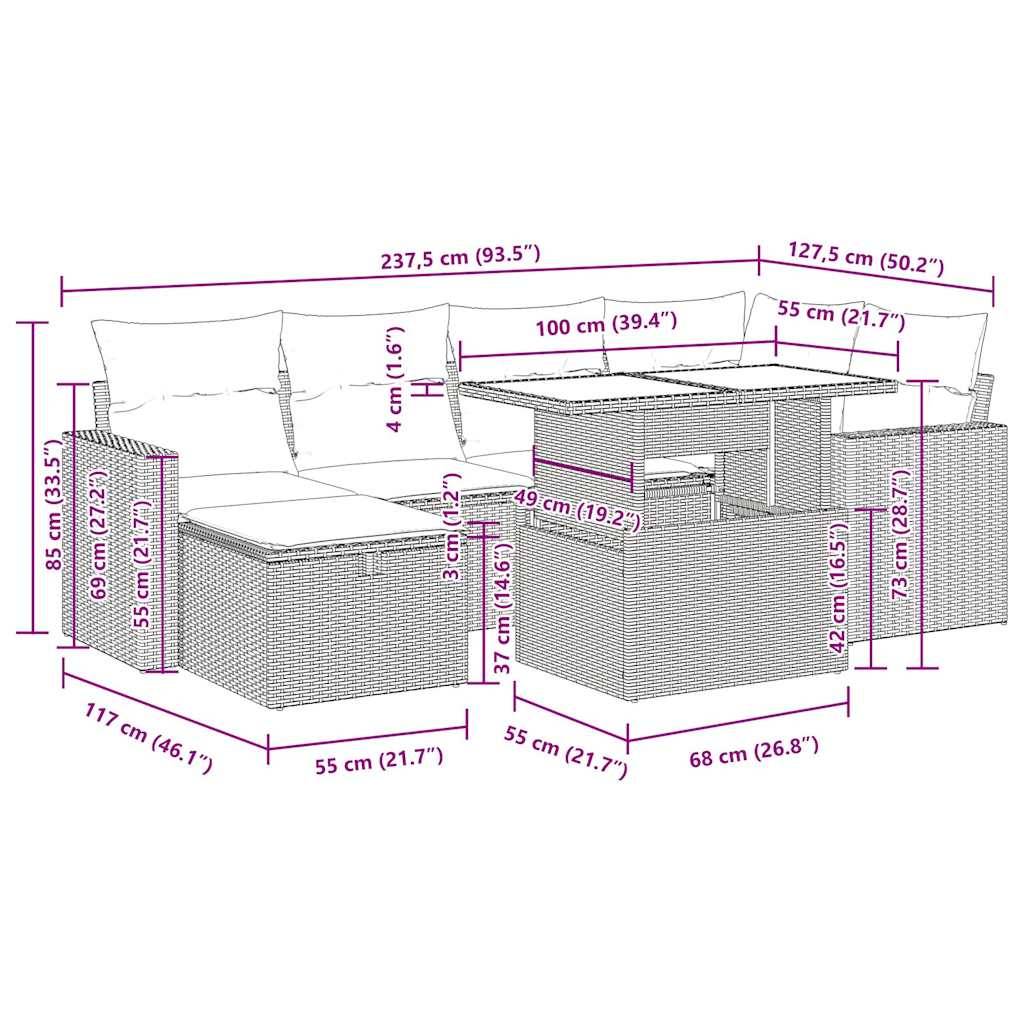vidaXL 7-tlg. Garten-Sofagarnitur mit Kissen Schwarz Poly Rattan