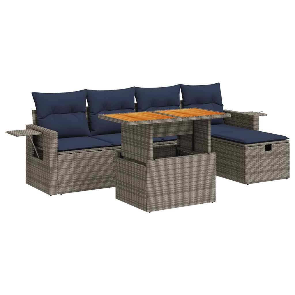 vidaXL 6-tlg. Garten-Sofagarnitur mit Kissen Grau Poly Rattan Akazie