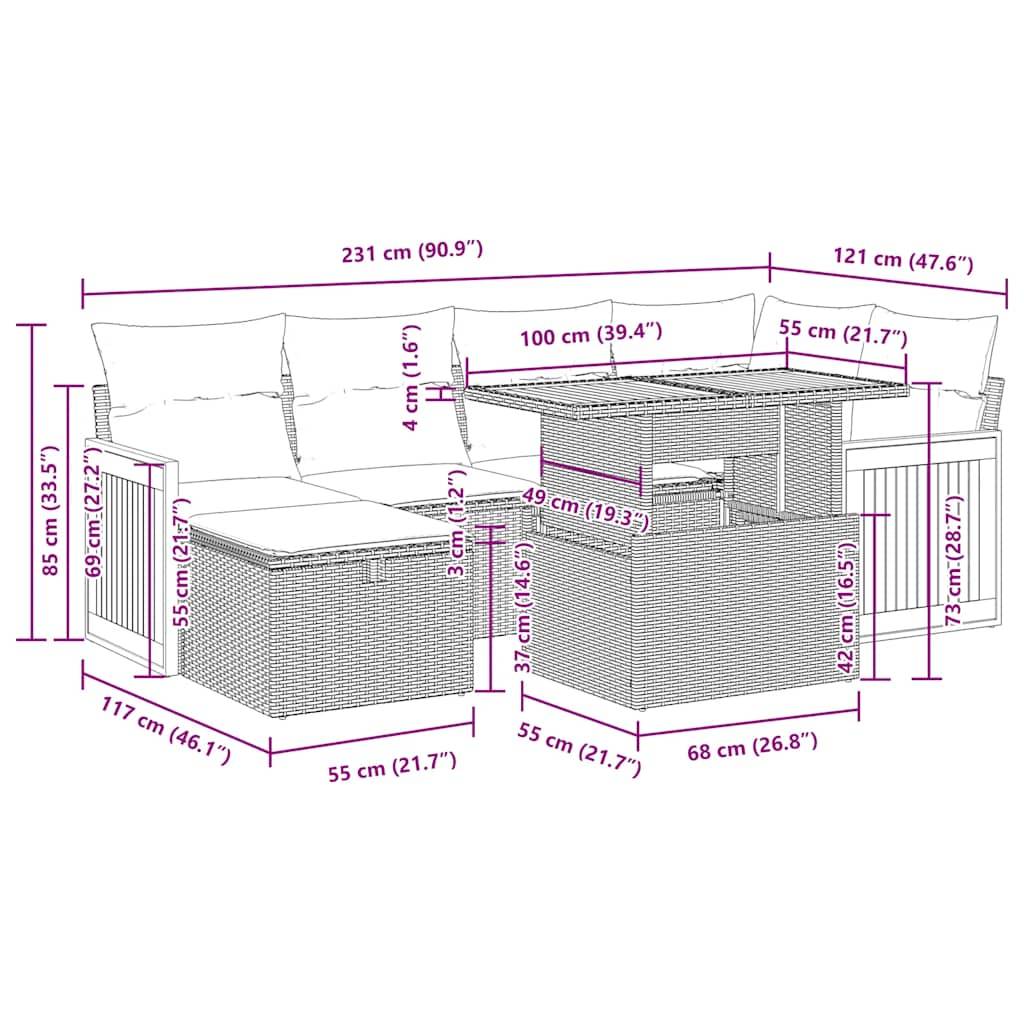 vidaXL 7-tlg. Garten-Sofagarnitur mit Kissen Schwarz Poly Rattan
