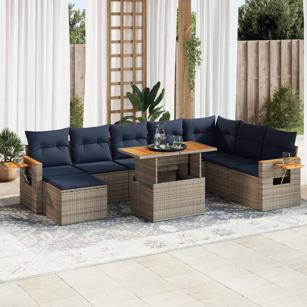 vidaXL 10-tlg. Garten-Sofagarnitur mit Kissen Grau Poly Rattan Akazie