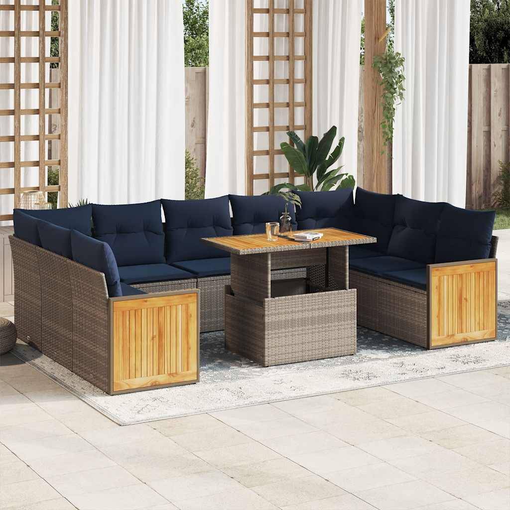 vidaXL 10-tlg. Garten-Sofagarnitur mit Kissen Grau Poly Rattan Akazie