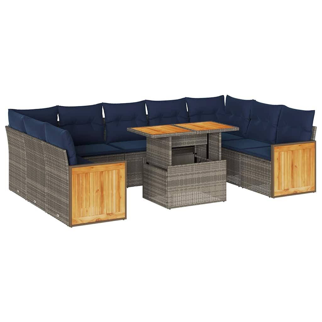 vidaXL 10-tlg. Garten-Sofagarnitur mit Kissen Grau Poly Rattan Akazie