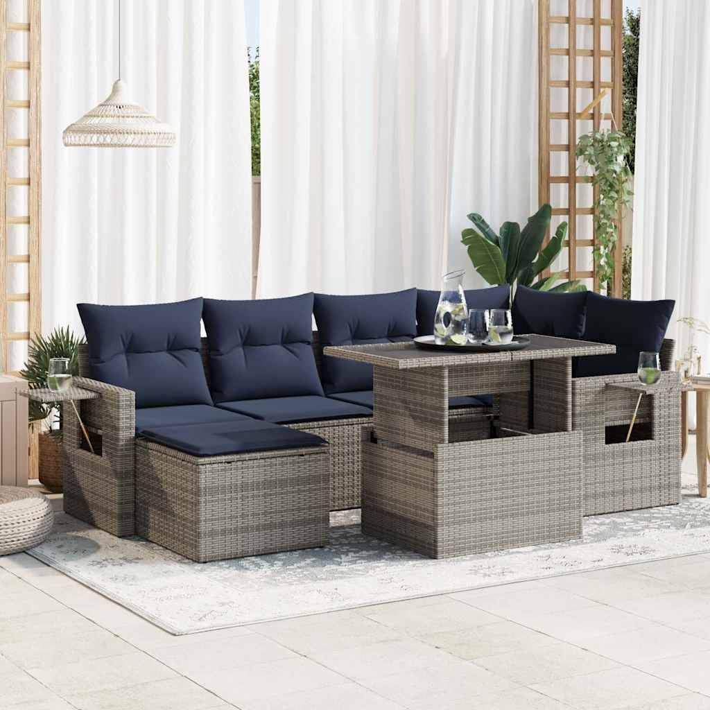 vidaXL 7-tlg. Garten-Sofagarnitur mit Kissen Grau Poly Rattan Akazie