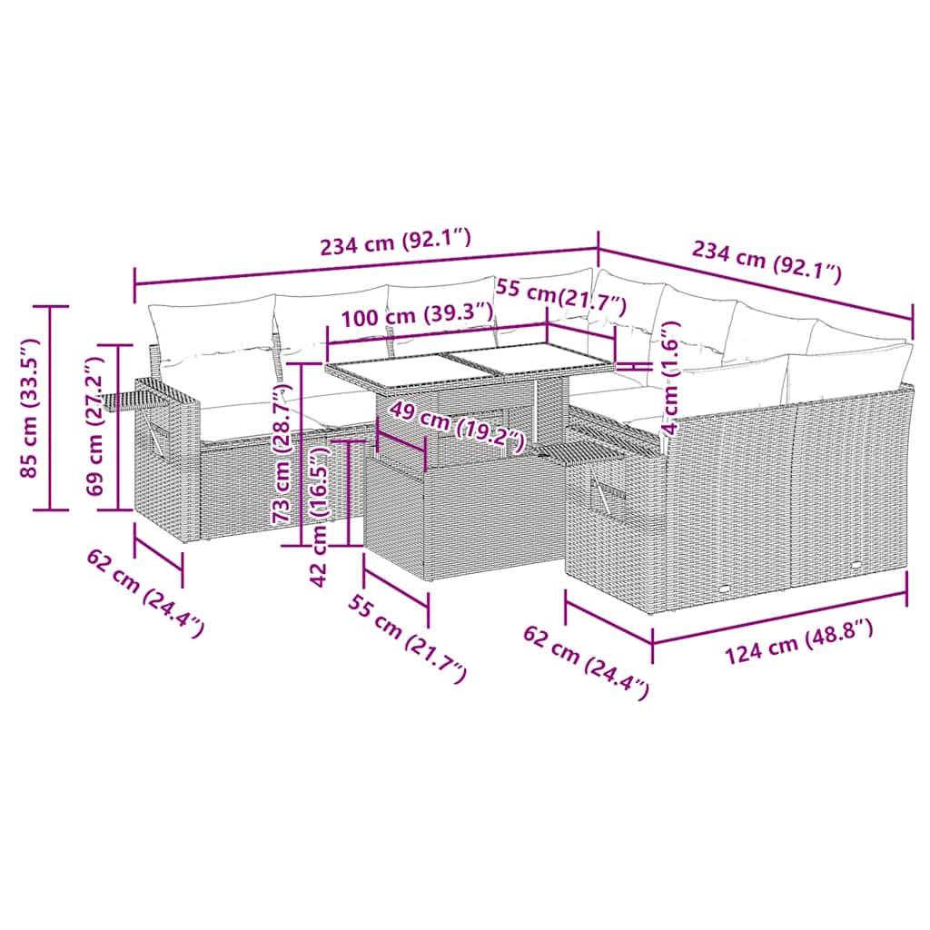 vidaXL 9-tlg. Garten-Sofagarnitur mit Kissen Grau Poly Rattan Akazie