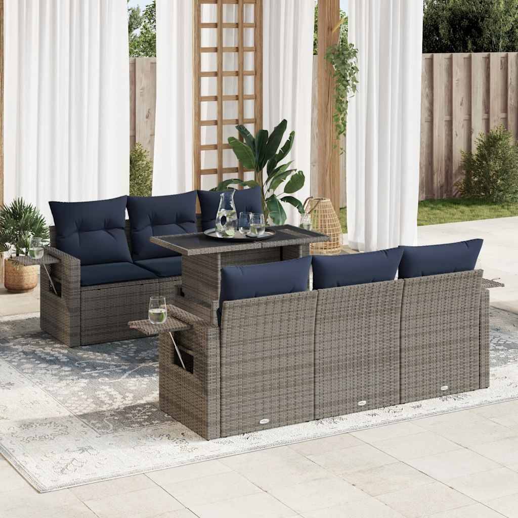 vidaXL 7-tlg. Garten-Sofagarnitur mit Kissen Schwarz Poly Rattan