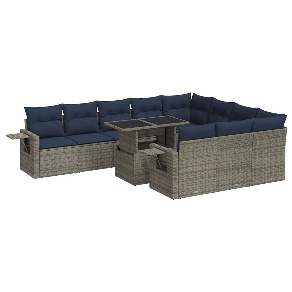 vidaXL 11-tlg. Garten-Sofagarnitur mit Kissen Grau Poly Rattan Akazie