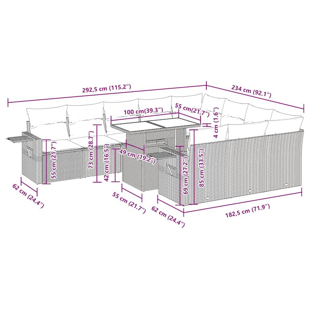 vidaXL 11-tlg. Garten-Sofagarnitur mit Kissen Grau Poly Rattan Akazie